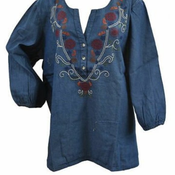 New! Size Large Womens Embroidered Denim Blouse top - Picture 2 of 2